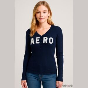 Aeropostale Shirt Tee  Navy Blue Long Sleeve Henley Size Medium Button Front NEW